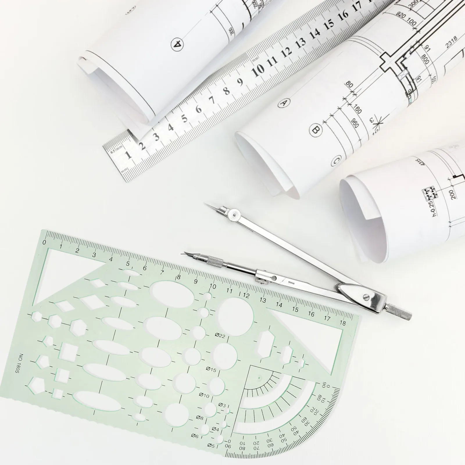 6Pcs Green Plastic Drafting Rulers Geometric Templates Set for Drawing Patterns Circles Ellipses Squares Work