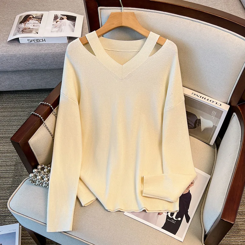 170Kg Plus Size Women\'s Bust 160 Spring Autumn Loose V-Neck Knitted Sweater Black Apricot 4XL 5XL 6XL 7XL 8XL 9XL