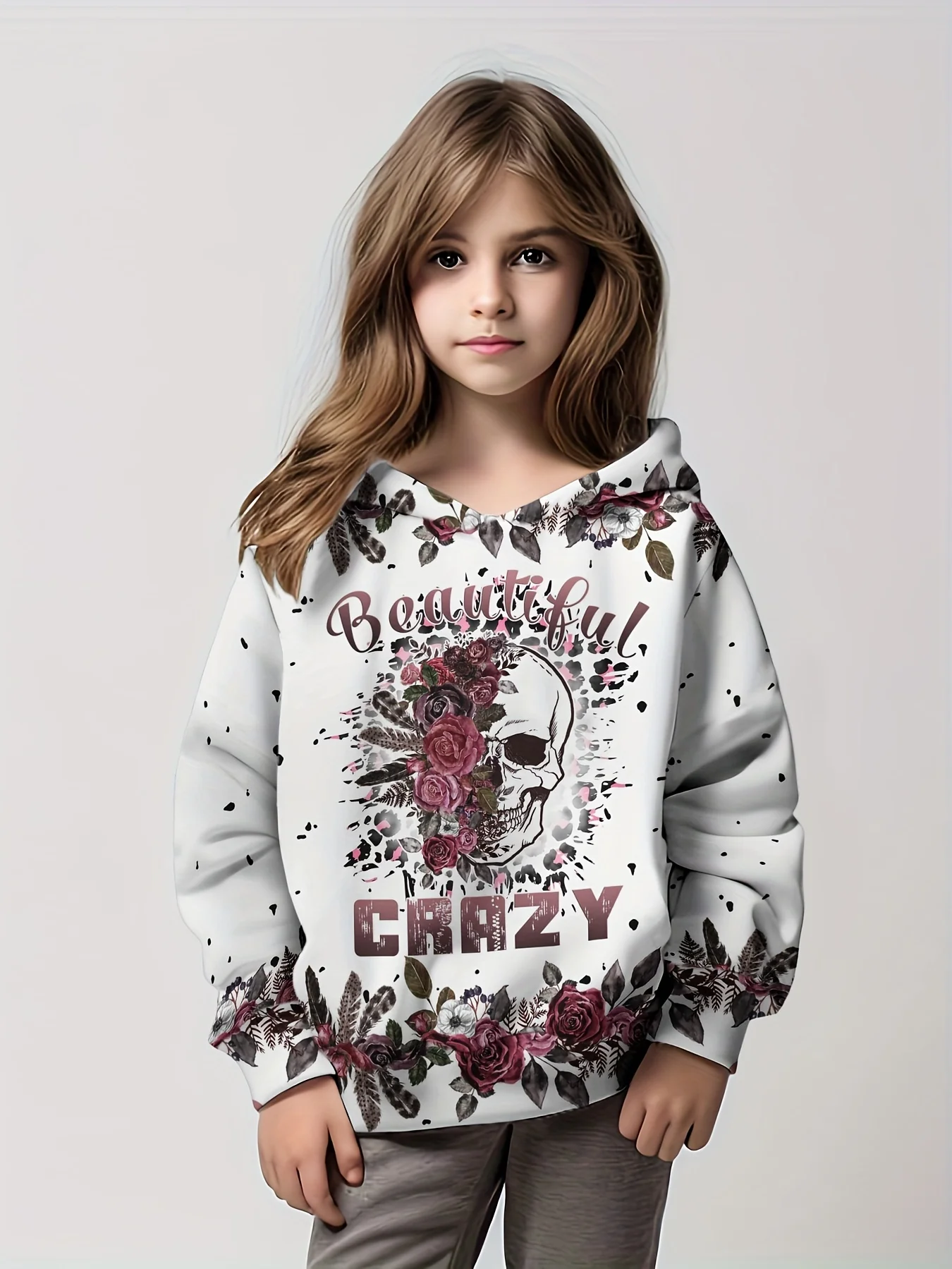 Hoodies Gorgeous Skull 3D Print Girls Pullover Sweatshirt Comfortable Fit Halloween Party Long Sleeve Children Clothes Girl Tops