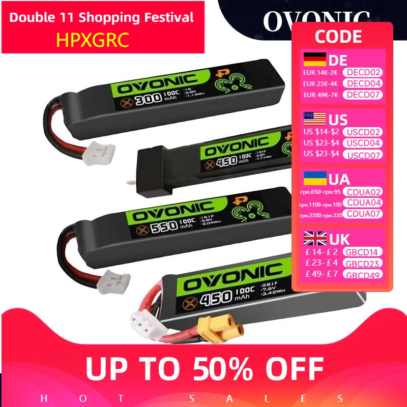 

Новинка 2025 года, 5 шт. OVONIC 1S 2S Lipo аккумулятор 300 мАч/450 мАч/550 мАч/650 мАч с разъемом BT2.0/PH2.0/XT30 для гоночного дрона RC FPV