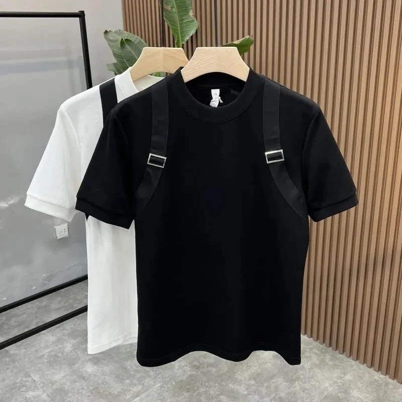

Summer Men's Fashion Crewneck Shirts Tee Contrast Trim Short-Sleeve Top with Straps Personalize Tee