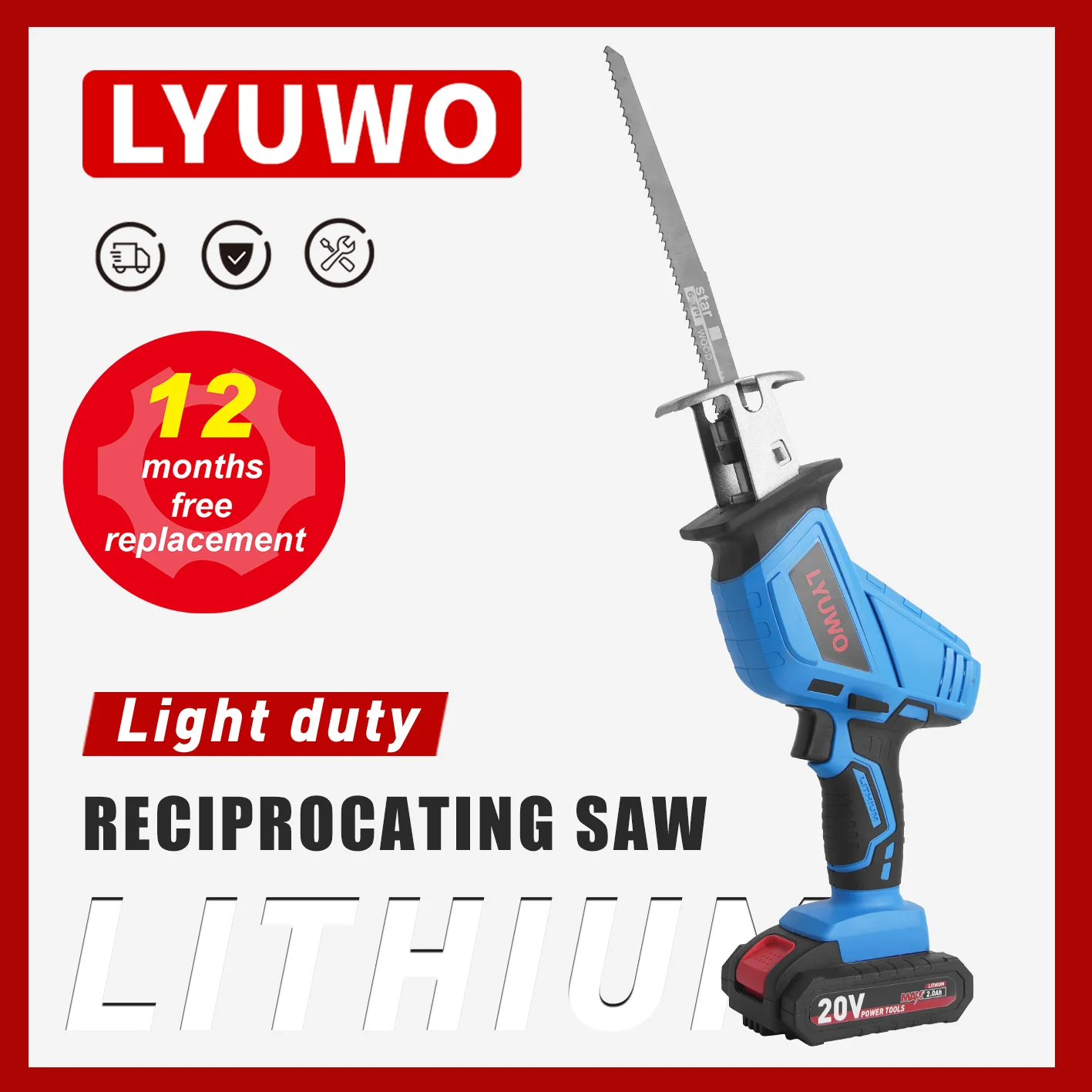 

LYUWO 20V Rechargeable Reciprocating Saw Adjustable Speed Electric Saw Blade Saw Portable Wood Metal Cutting Chain Saw