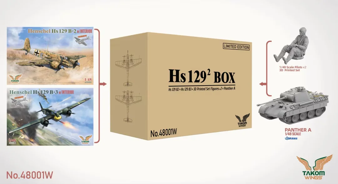 

TAKOM 48001W Hs129 2 коробки Hs 129 B2 + Hs 129 B3 + набор фигурок с 3D принтом x2 + Panther A 1/48 Военный собранный масштабный комплект модели
