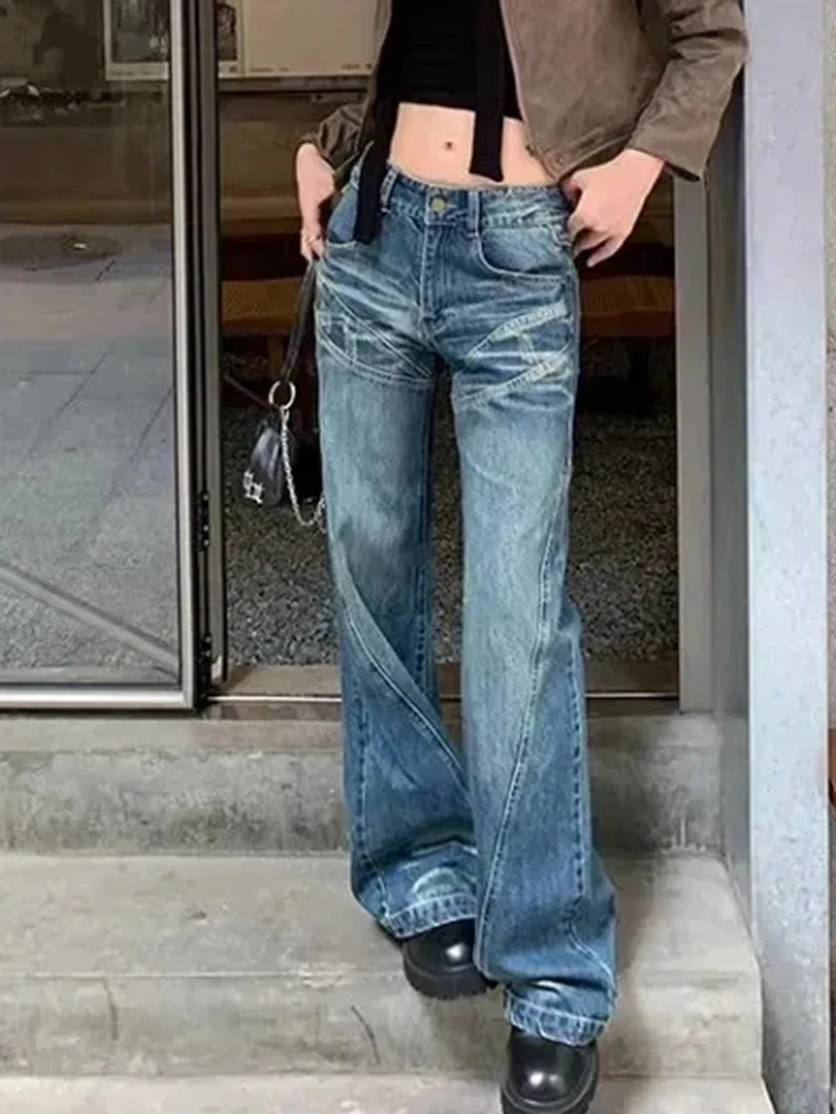 Mujer Vintage pantalones vaqueros acampanados coreano otoño nueva cintura alta pantalones vaqueros ajustados con botones Y2K ropa de calle Retro pantalones sueltos de pierna ancha para mujer