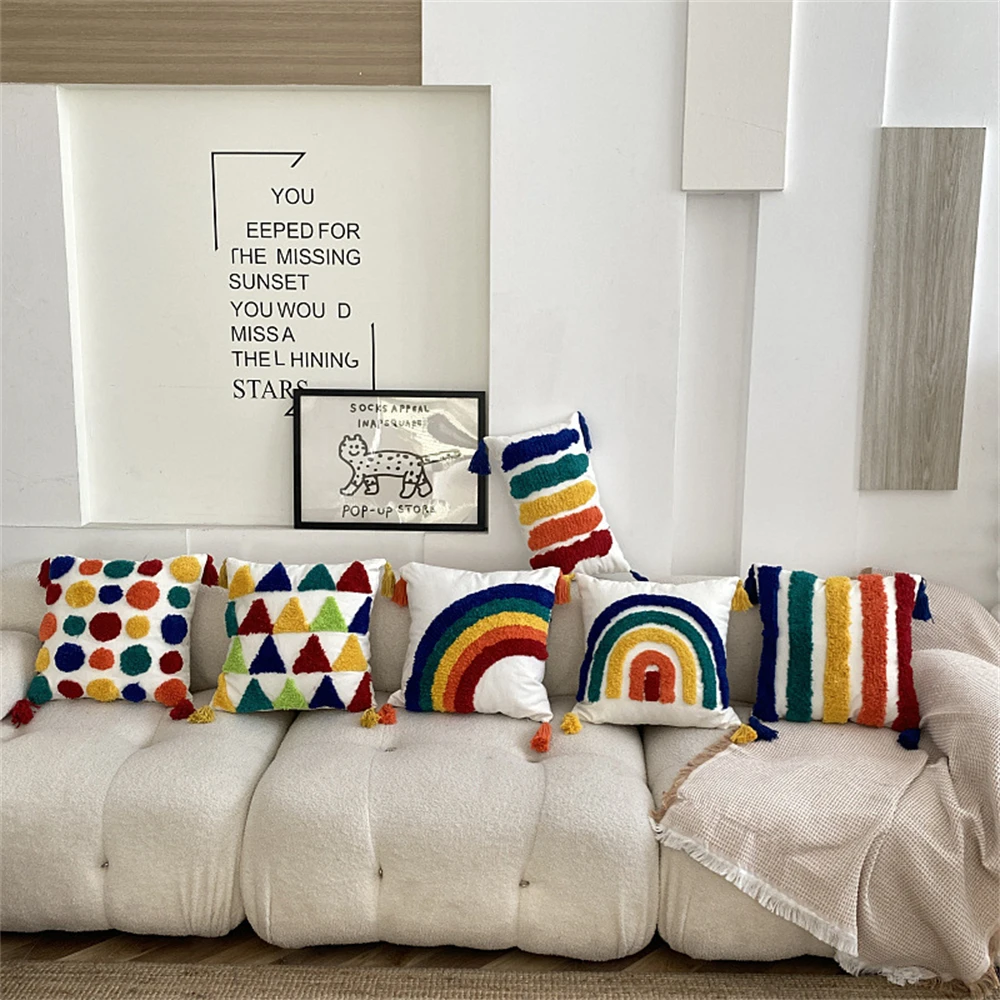 

Rainbow Strip Tufting Cushion Covers Home Decorative Throw Sofa Pillow Cases with Tassels 45×45/30×50cm Car Pillowcases Cojines