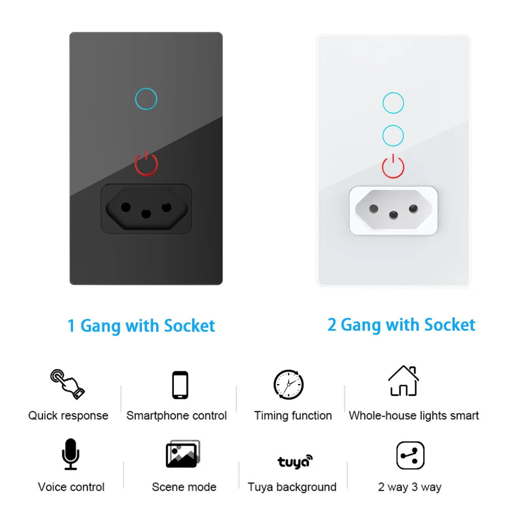 Wifi Smart Tuya Brazil Parallel Light Switch Wall Socket Brazilian Plug Brasil Outlet Glass Panel Intelligent Alexa Google Home