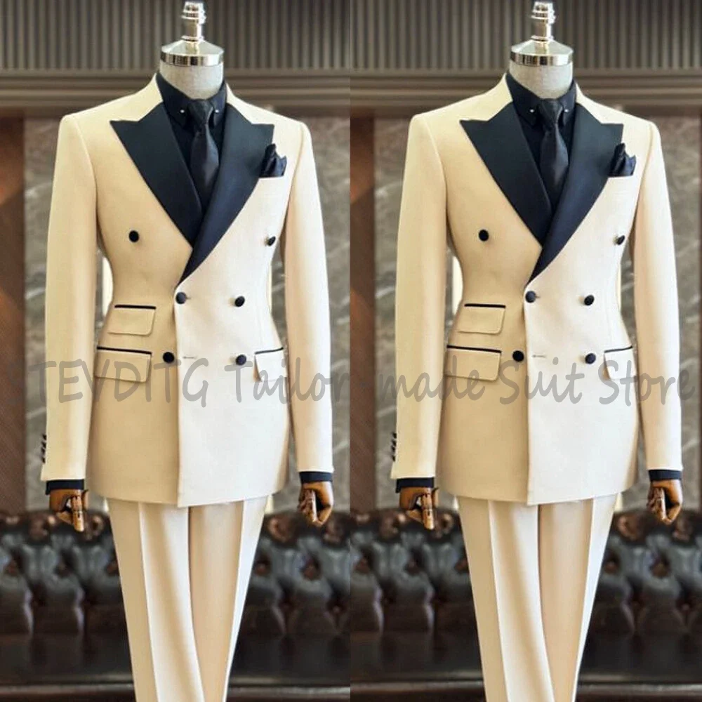 

Beige Double Breasted Men Suit Set Black Satin Peak Lapel Tuxedo Costume Homme Groom Wedding Business Formal Wear Gala Outfit