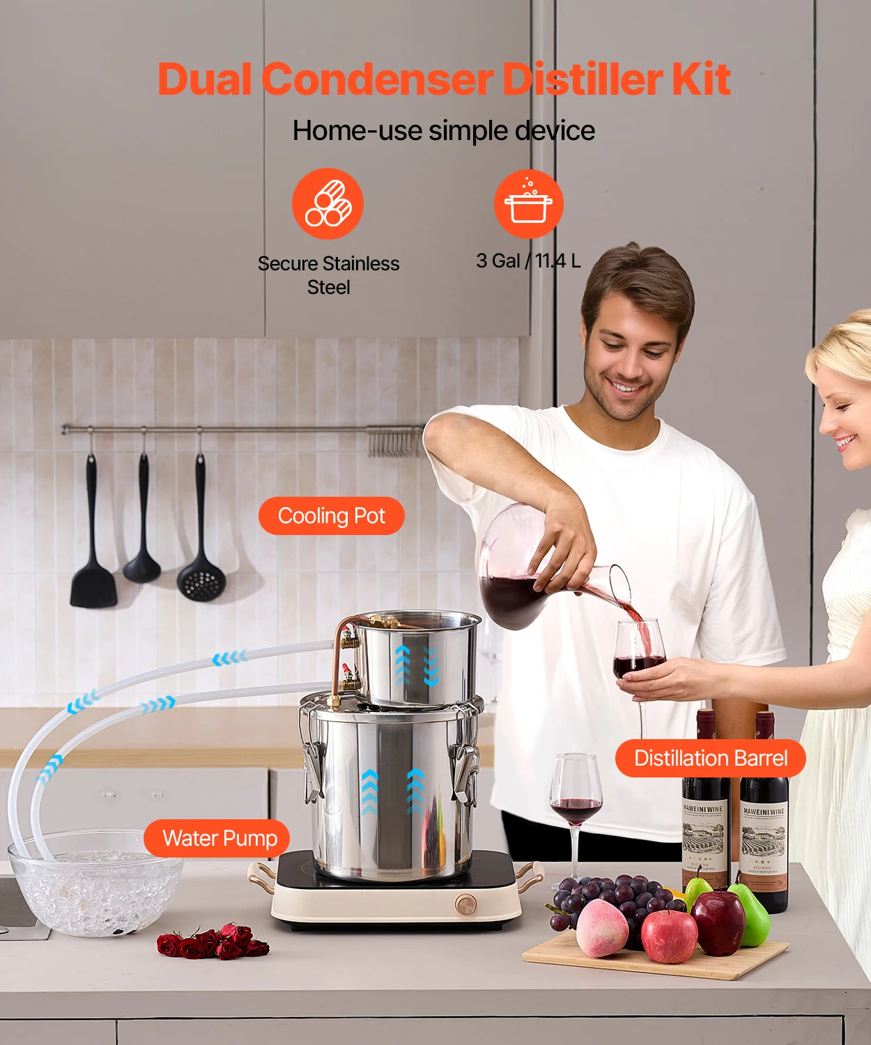 SucceBuy الكحول لا يزال 3 5 8Gal مياه الفولاذ المقاوم للصدأ الكحول المقطر مع لفائف النحاس المنزل تخمير تكرير التخمير عدة