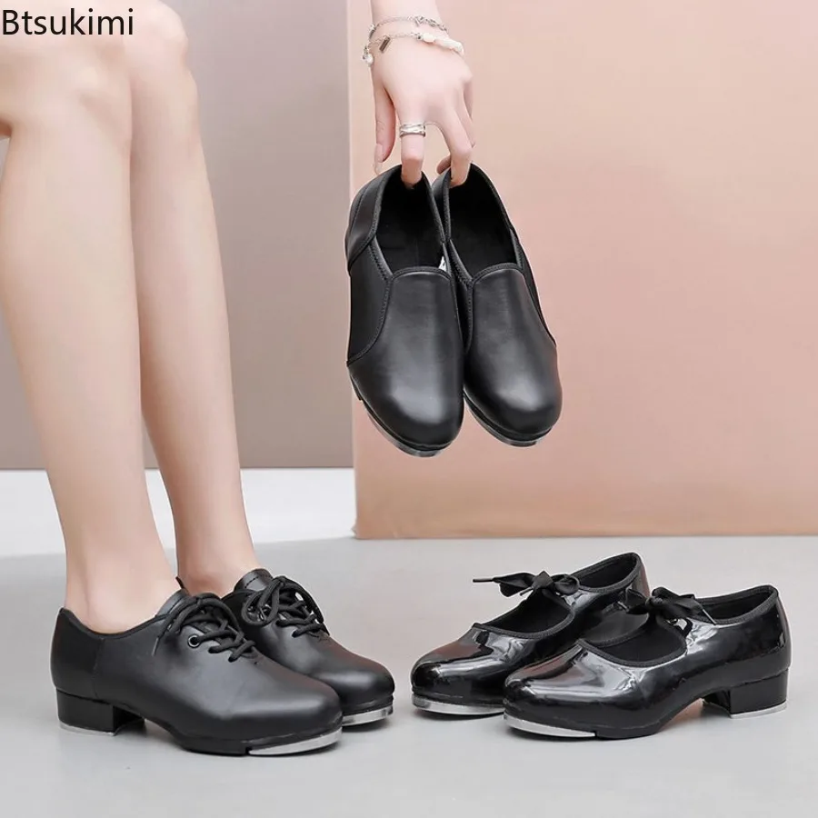 Zapatos de Claqué Unisex con Suela Recta y Abertura Elástica, Zapatos de Baile de Salón Negros de Imitación de Cuero para Mujer, Zapatos de Baile de Paso para Niños, Talla Grande