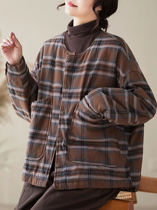 

Женское зимнее льняное хлопковое тканое клетчатое теплое пальто с талией Jaet, свободное длинное пальто с высоким воротником