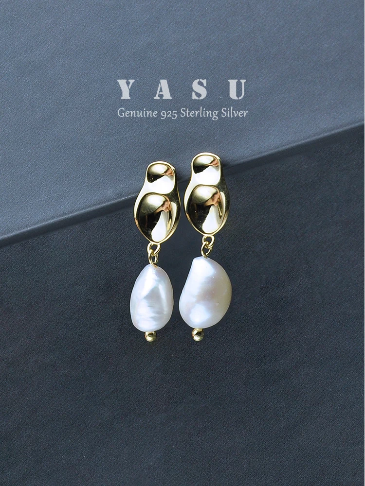 

Yasu Genuine 925 Sterling Silver Baroque Irregular Pear Earrings for Women 14K Gold Plating Studs Elegant Noble Wedding Jewelry