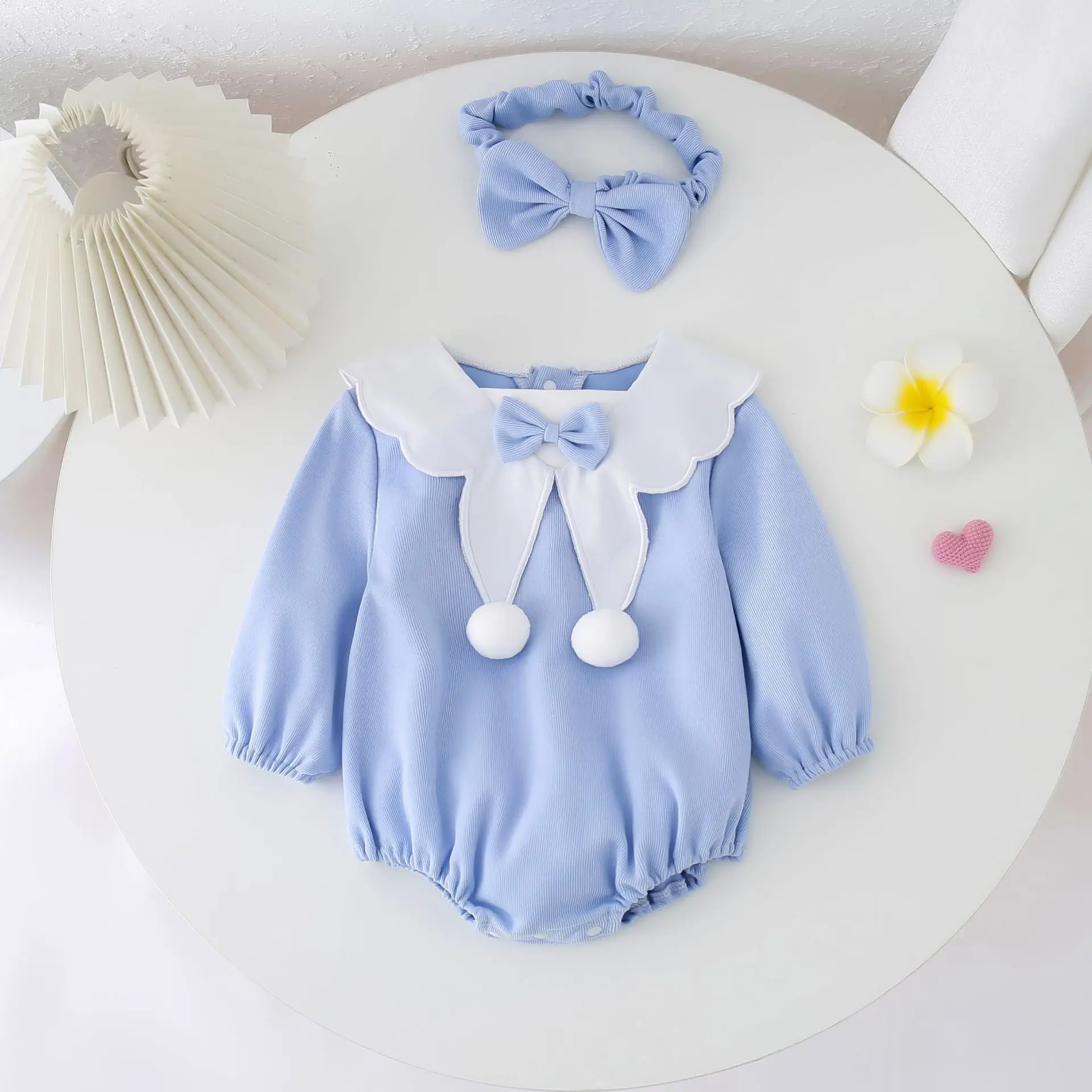 

New Toddler Baby Girls Twins Romper+Hairband Blue Long Sleeve Romper Autumn Spring Cotton Jumpsuit Infant Bebe Clothing 3-24M