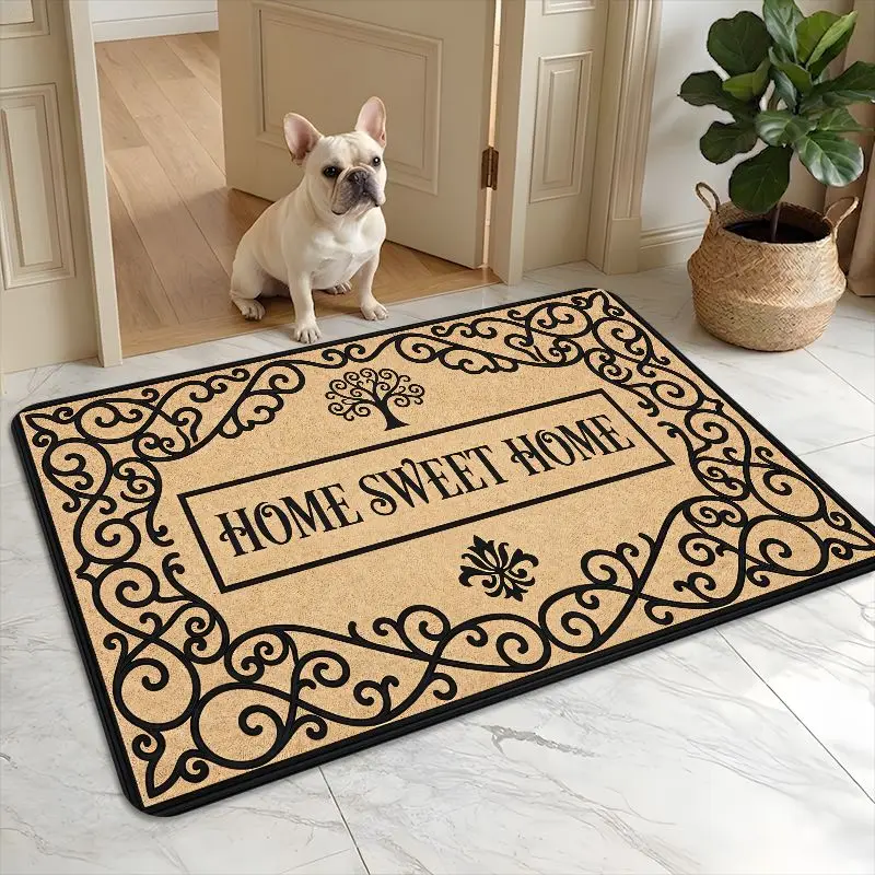 Cork Base Ornate Swirl Vine Frame Home Sweet Home Tree Motif Letter Print Anti Slip Rustic Front Door Entryway Doormat