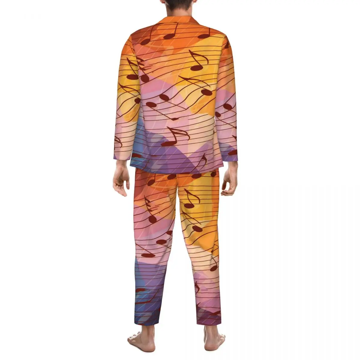 Muzieknoten Nachtkleding Herfst Blauw Oranje Esthetische Oversize Pyjama Set Heren Lange Mouwen Warm Vrijetijdspatroon Nachtkleding