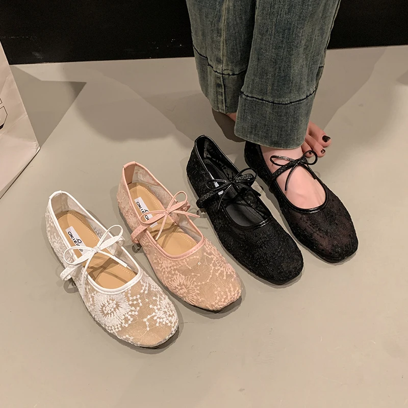

2025 Spring Lace Women Mary Jane Shoes Fashion Slip on Comfort Street Style Soft Sole Female Dress Flats Shoes