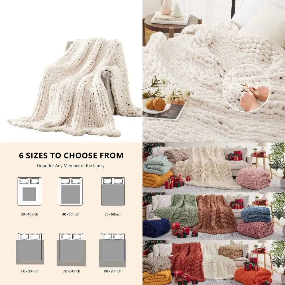 ผ้าห่มไหมพรมถักลายเคเบิลขนาดใหญ่ 60x80 ซม. สีงาช้าง - ผลิตด้วยมือ 100% เพื่อการตกแต่งบ้านที่อบอุ่น