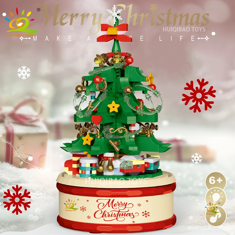 HUIQIBAO enfants arbre de noël père noël Mini boîte à musique modèle Micro briques bloc de construction briques à monter soi-même jouets pour cadeau adulte