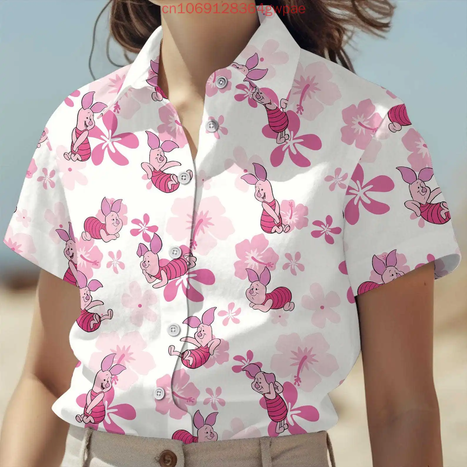 قميص ديزني ويني ذا بوه بيجليت النسائي كاجوال بأكمام قصيرة قميص هاواي صيفي كارتوني أنيق لقضاء العطلات على الشاطئ