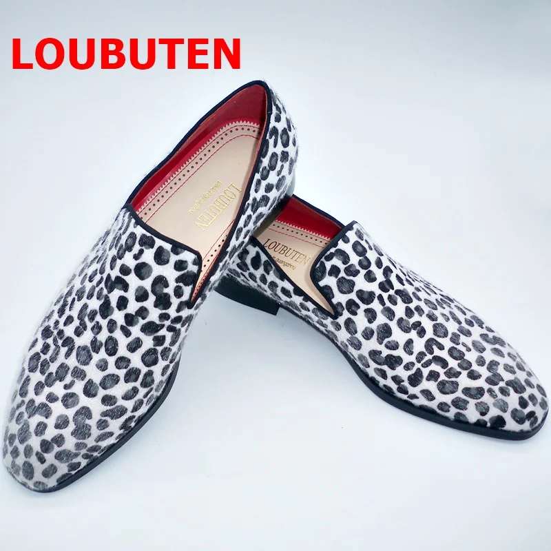 LOUBUTEN Black And White Horsehair Shoes Leopard Print Loafers For Men Luxury Handmade Slip On Men's Flats Dress Shoes