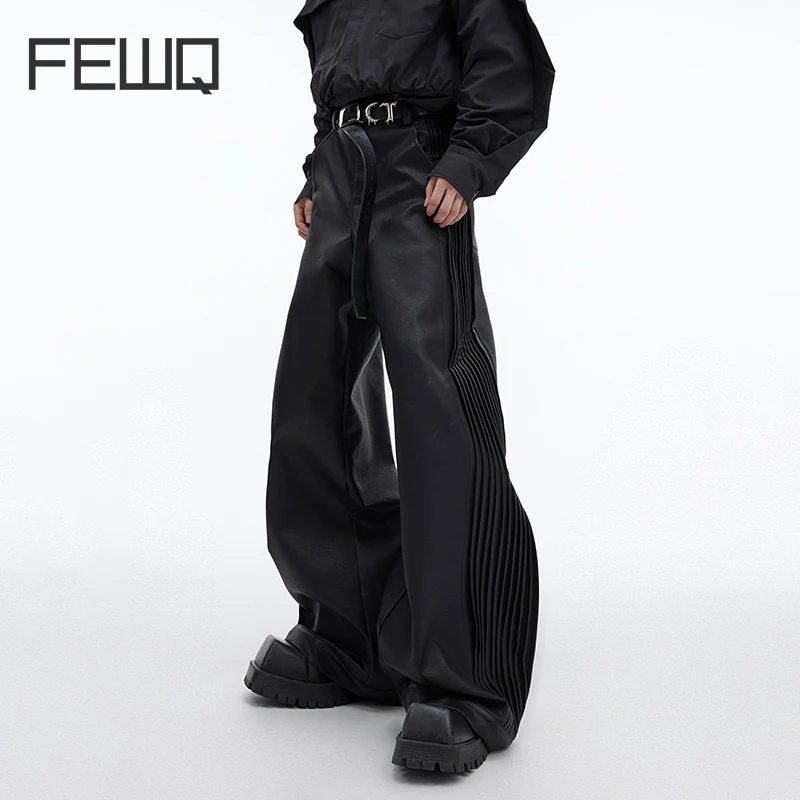 FEWQ Stylish Men\'s PU Leather Pants Deconstructed Pleated Loose Texture Straight Wide Leg Trousers  Solid Color Design 24X1703