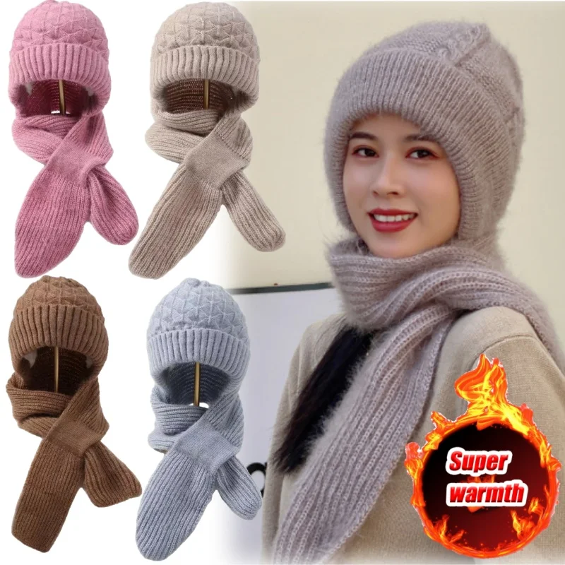 Warm Winter Hat Scarf Beanie Set for Women Fleece Lined Windproof Ear Flap Thermal Knitted Cap with Neck Cover for Cold Weather