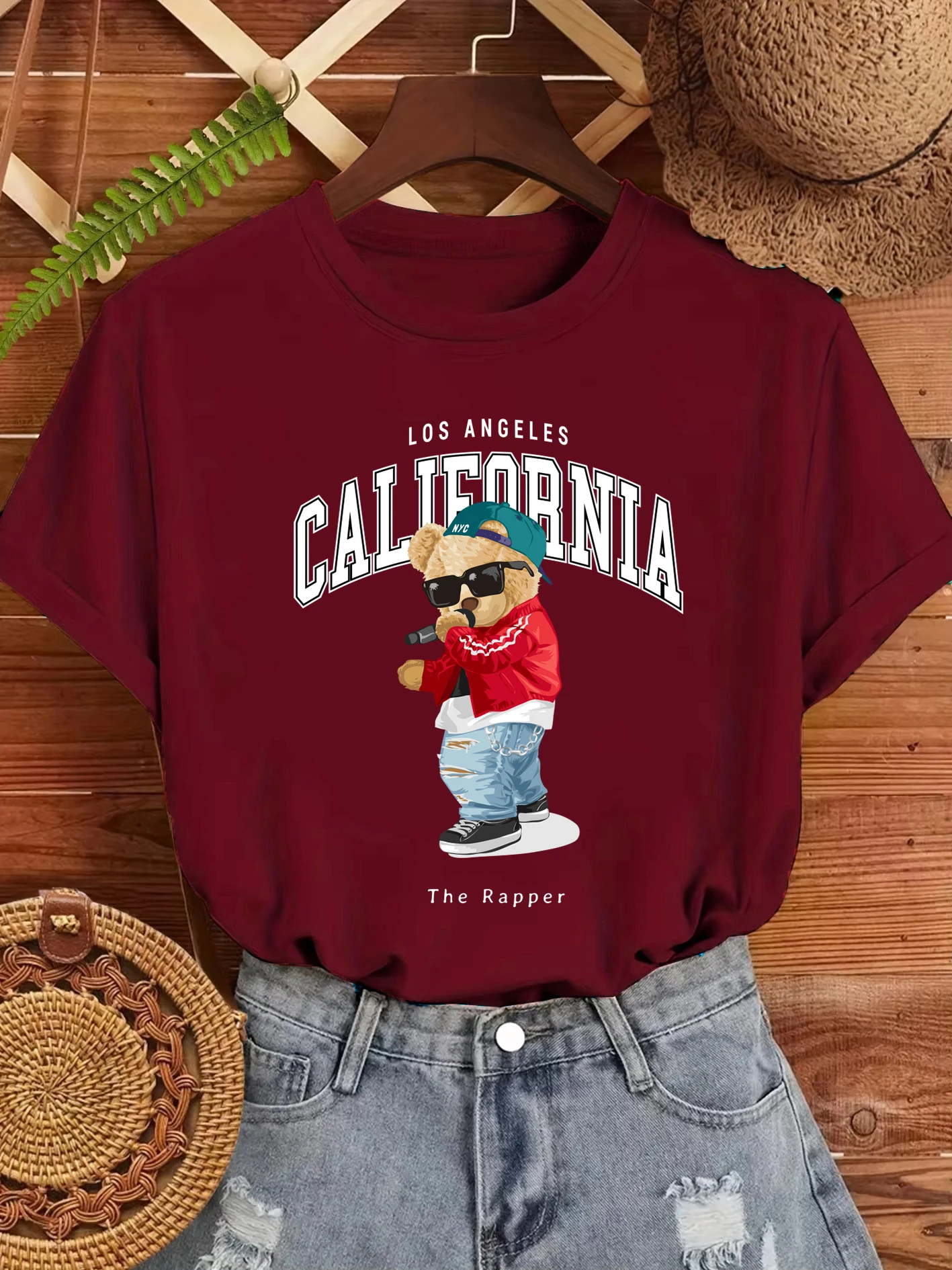 

Женская футболка с принтом в стиле рэперского медведя Лос-Анджелеса, повседневные хлопковые летние футболки с короткими рукавами в стиле хип-хоп, уличная одежда с круглым вырезом