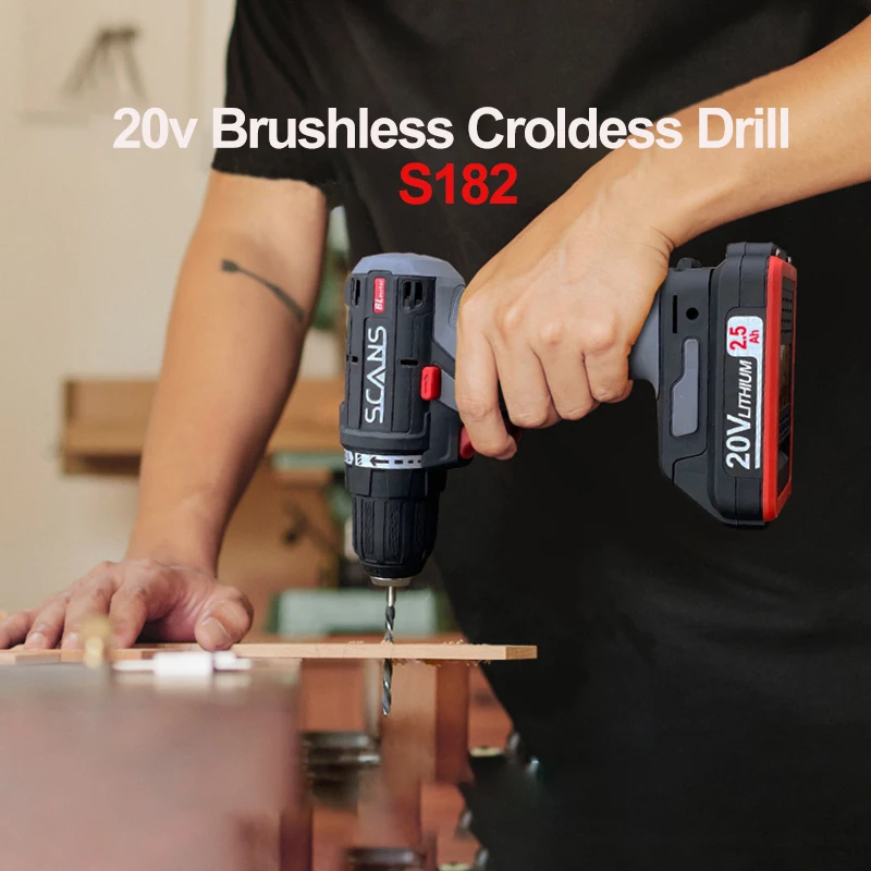 SCANS 20V Brushless Lithium Electric Cordless Drill S182 Industrial-grade Rechargeable High-power Electric 45N.m  Power Tools