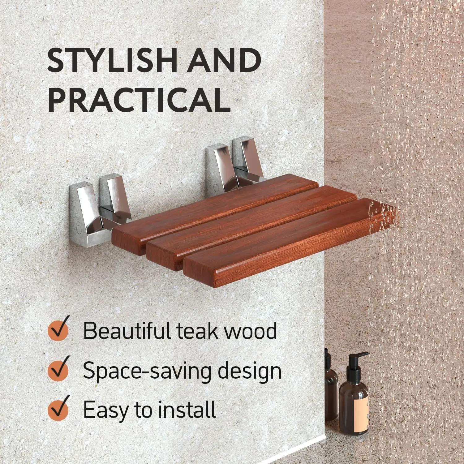 Teak Shower Seat Wall Mounted - 16 Inch Floating Fold Down in Shower Bench - Fold Up Bathroom Stool