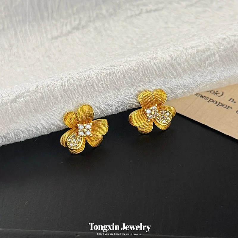 Alluvial gold set with diamond drawing flower earrings senior sense temperament floret sweet earrings