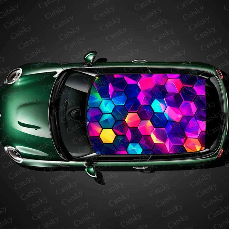 Colorful Rainbow Hexagons Car Roof Sticker Wrap Racing SUV Accessories Packaging Painted PVC Custom Car Graphic Decal