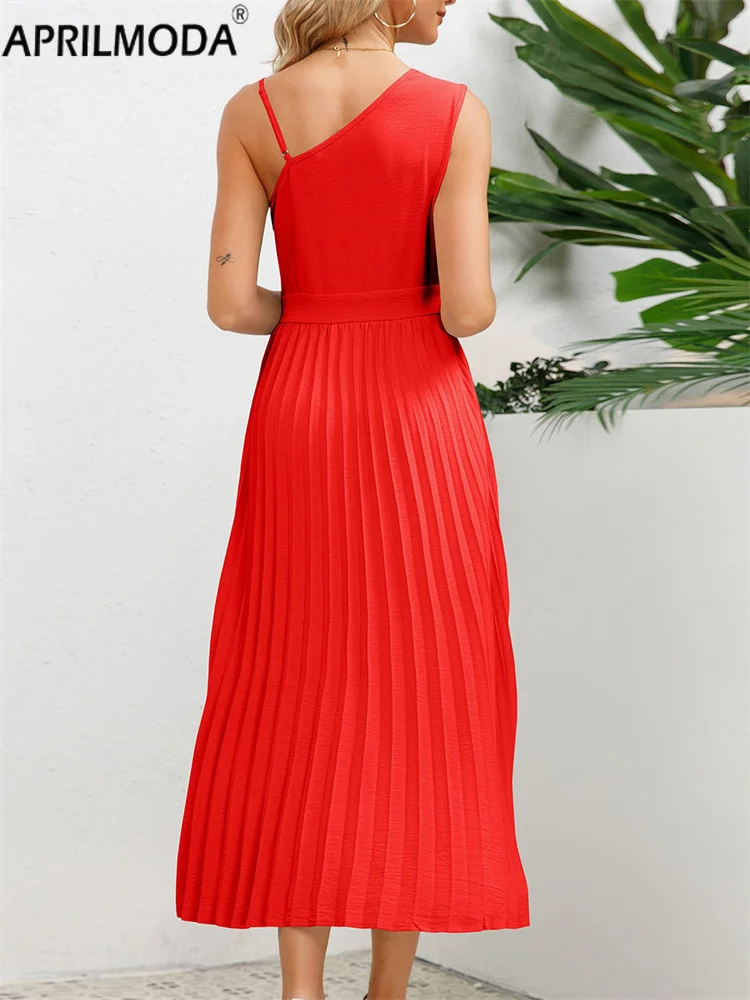 Hollowed Out Irregular Shouler Women Midi Long Pleated Dress Spaghetti Straps Solid A Line Oversized Office Lady Summer Dresses