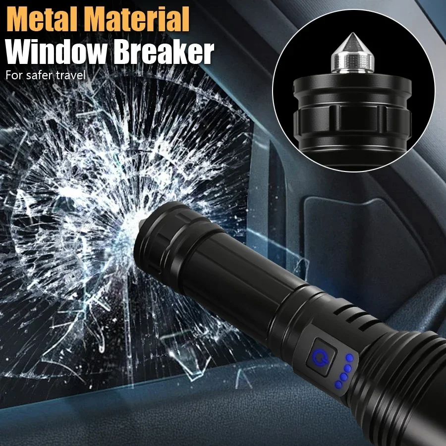 100000LM مصباح LED فائق السطوع مصباح يدوي قابل لإعادة الشحن مع شعلة الإشعال ونافذة قواطع تكتيكية الشعلة لمغامرة التخييم في الهواء الطلق