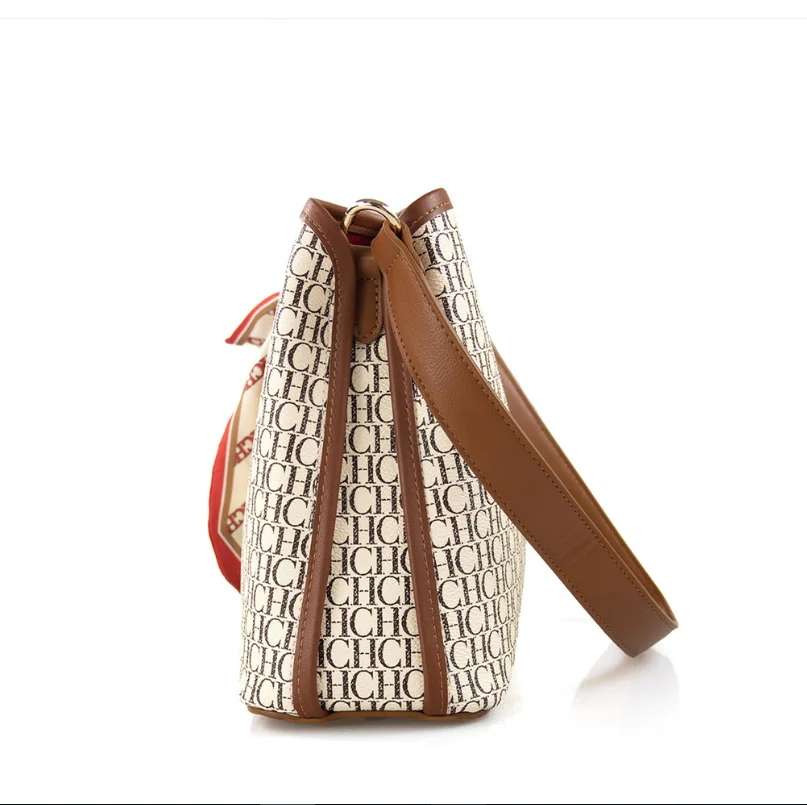 CH Vintage Women's Embossed Crossbody Bag Floral Letter Print with Scarf Decoration European American Style Shoulder Bag