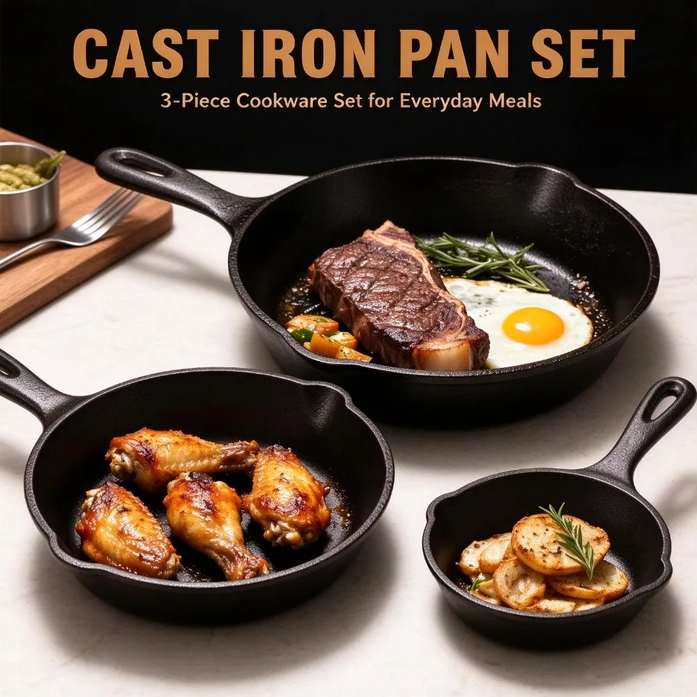 Cast Iron Skillet Set, 3-Piece Pre-Seasoned Pan Cookware Set, 10