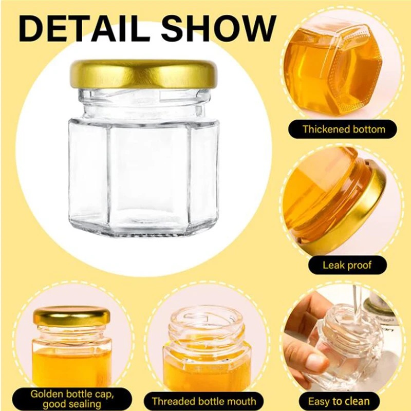 60-Count 1.5 oz Mini Hexagonal Glass Honey Jars  Small Honey Jars with Wooden Dippers Bee Charms  Honey Jars with Gold Lids for