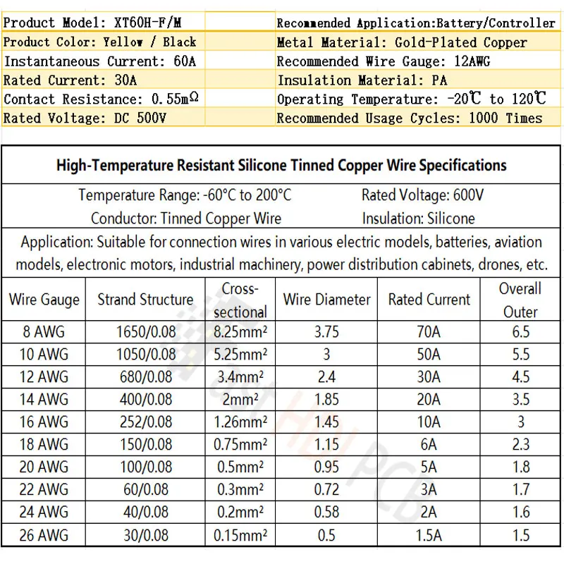 XT60H 수컷 암컷 커넥터 페어 와이어 포함 60A 고전류 플러그 소켓 RC 드론 LiPo 배터리 FPV 레이싱 쿼드콥터용