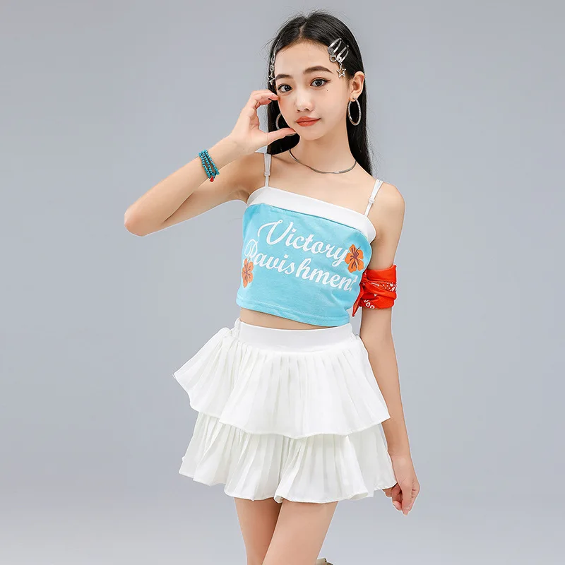 

Kid Kpop Hip Hop Clothing Blue Crop Camisole Tank Top Orange Parachute Pants White Pleated Skirt for Girl Dance Costumes Clothes