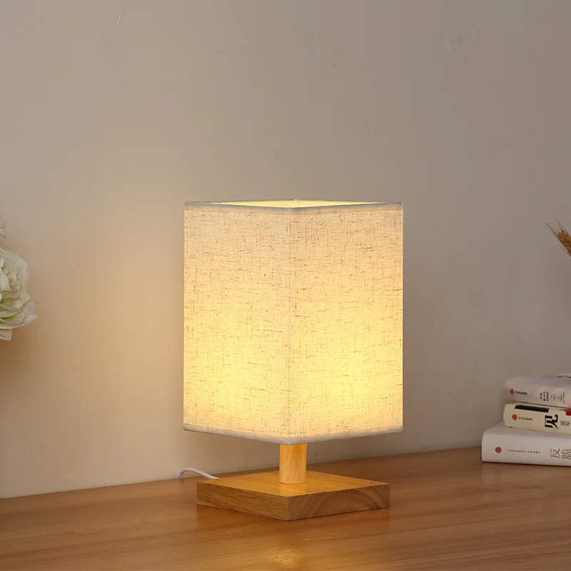 

Square cloth covered table lamp Nordic modern simple bedroom bedside lamp dimmable solid wood table lamp small night lamp