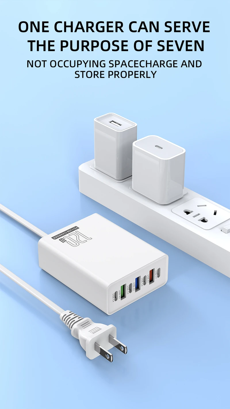 120W Ladeadapter 7 Anschlüsse 3USB+4PD Schnellladegerät 5V4A US/EU/UK Standard-Ladegerät für Mobiltelefone 2026 – Detail 1