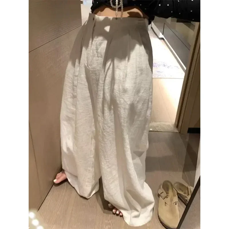 QWEEK Oversized Casual Linen Pants Woman Korean Style Baggy Wide Leg Basic Trouser Harajuku High Waist Summer Vintage Fashion