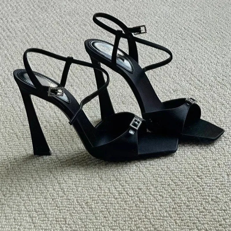Black Square Toe Sandals Metal Buckle One Word Belt Women's Shoes Summer Casual All-Match Thin High Heels Ladies Fashion Shoes