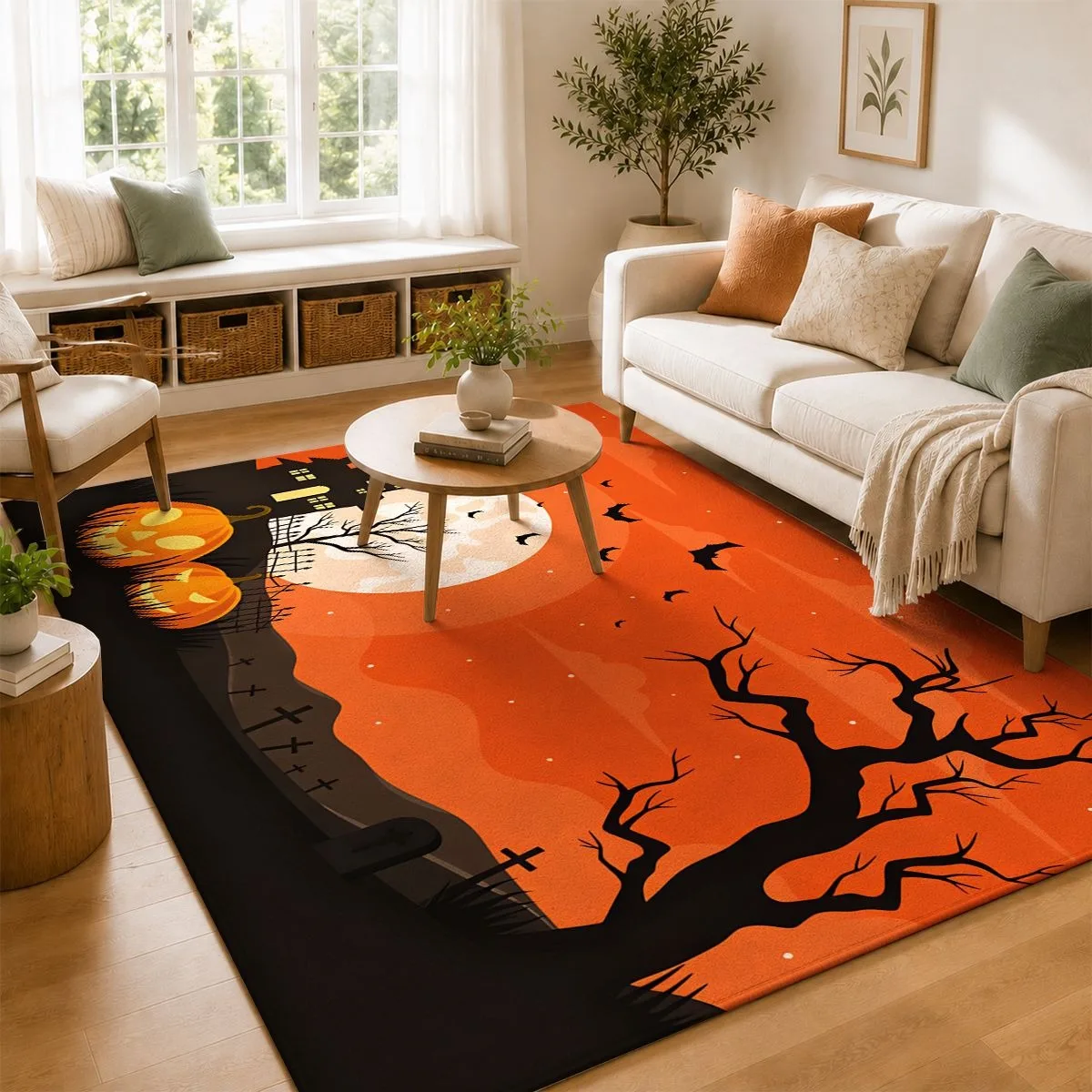 Spooky Halloween Large Rug, Orange Black Pumpkin Bat Cemetery Silhouette Holiday Pattern Floor Carpet for Living Room Bedroom