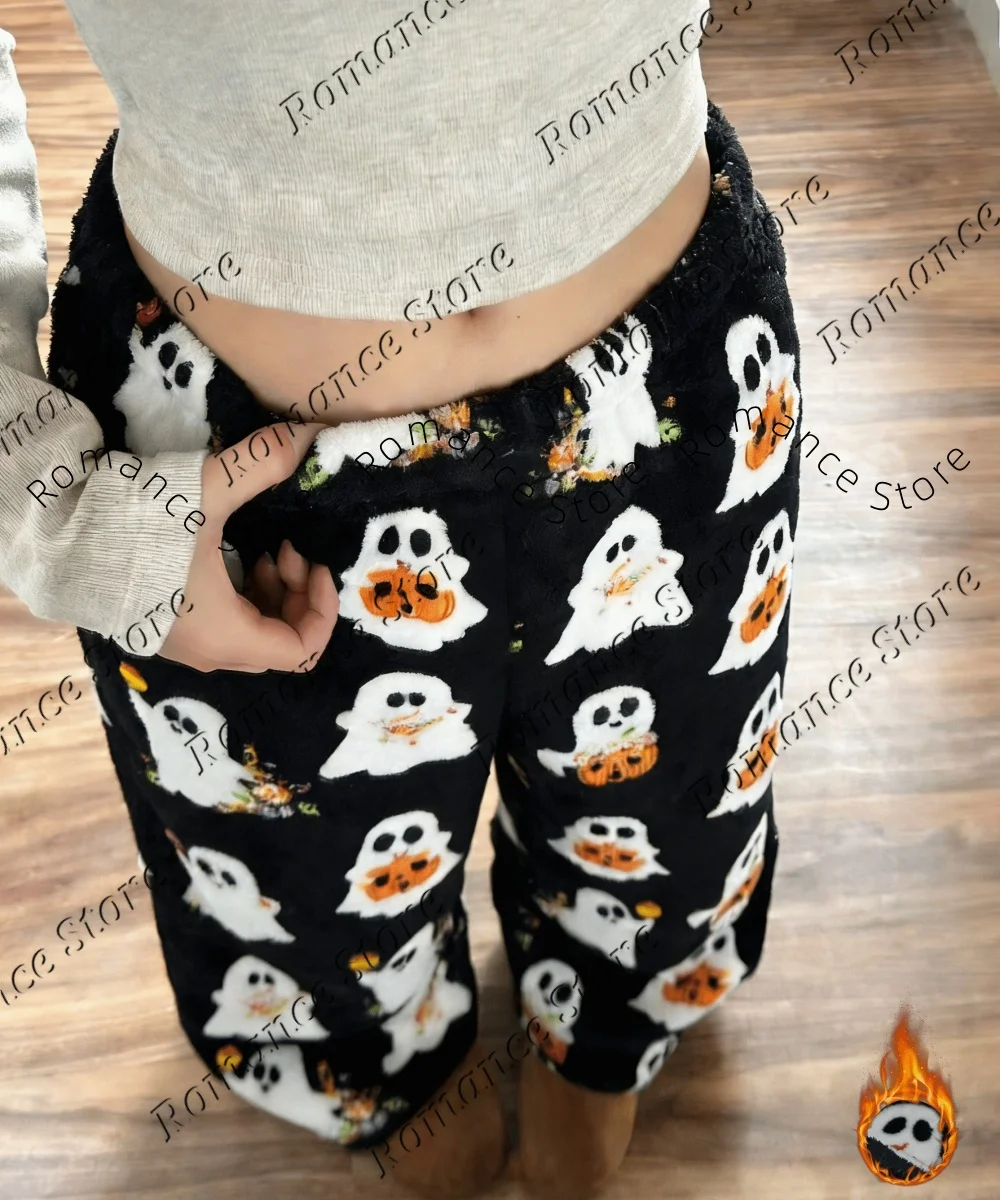 Casual Plush Women Halloween Casual Pants Cute Ghost Pumpkin Pattern Elastic Waist Warm Loose‑fit Loungewear Flannel Trousers