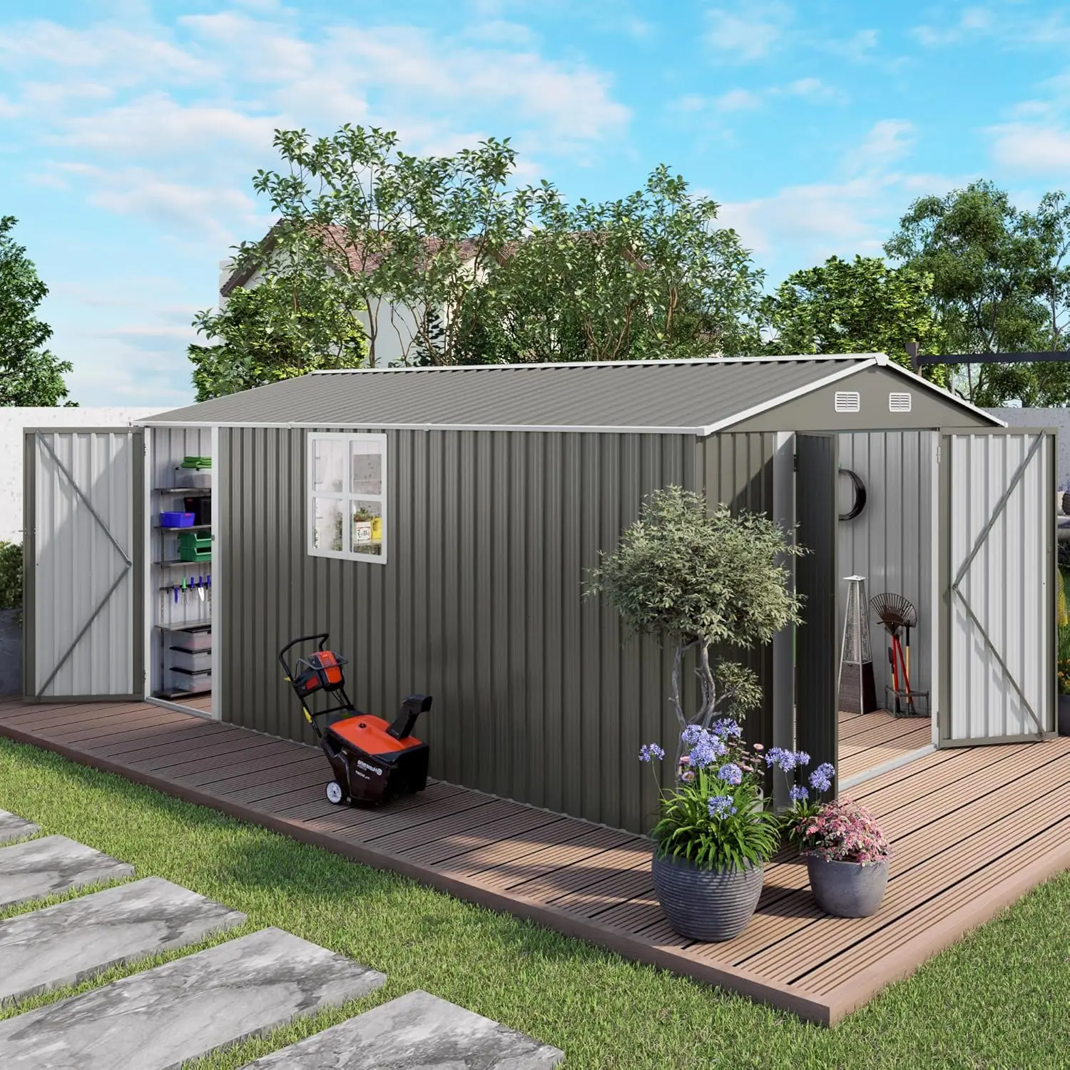 #10x14FT Metal Outdoor Storage Shed,Triple Lockable Doors & Clear Window,All-Weather Backyard Patio Garden Shelter,Customized