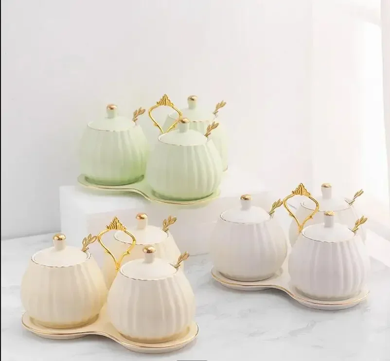 

Nordic Ceramic Seasoning Jar Kitchen Salt Sugar Pepper Spice Jar Organizer Three-piece Home Creative Condiment Storage Jar Set