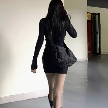 2025 簡約黑色羅紋針織連身裙,半拉鍊長袖修身連身裙,女士日常優雅服飾 6 最佳銷售 羅紋針織連身裙 - №4