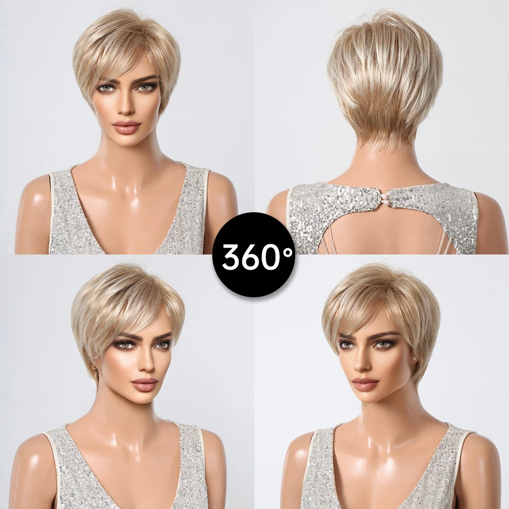 EASIHAIR Golden Brown Synthetic Wig Short Pixie Cut Blonde Wigs with Bangs Natural Layered Fake Hair for Women Cosplay Party