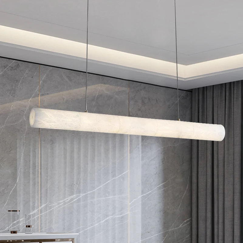 

Nordic Postmodern Simple Dining Room Brass Chandelier Modern Personality Hotel Hall Spanish Marble Led Long Strip Pendant Light