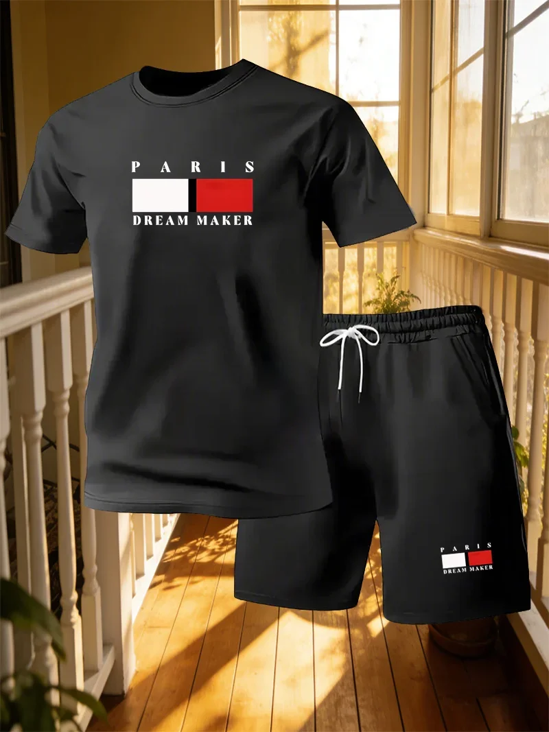 Men's Paris Printed Short Sleeved Round Neck T-shirt Shorts 2-piece Set, Home Style Loose Casual Suit, Men's Printed Sportswear image 3
