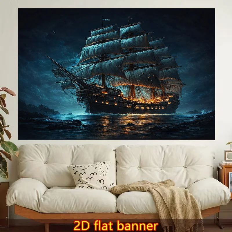 Dramatic Pirate Ship Canvas Tapestry Wall Decor Nautical Sea Art Polyester Print for Home Living Room Bedroom Gothic Style